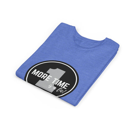 “One More Time is a Lie” Bold Emblem Dancer Graphic T-Shirt for Kids – Funny Dance Rehearsal Shirt - Youth Dance Tee