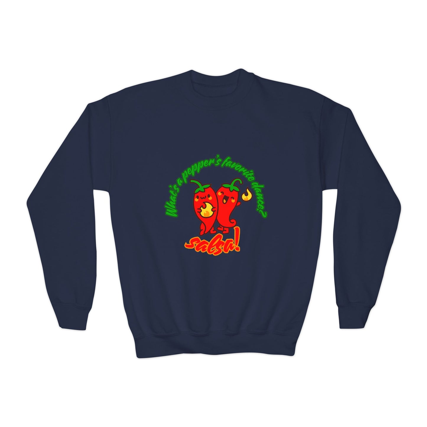 "What's a pepper's favorite dance?  Salsa!" – Funny Dance Pun Youth Crewneck Sweatshirt | Cute Pepper Graphic Kids Pullover for Dancers