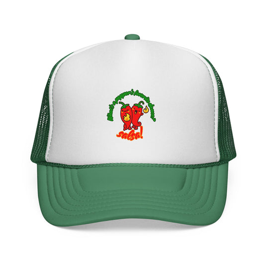 “What’s a Pepper’s Favorite Dance? Salsa!” Funny Unisex Cap with Cute Chili Pepper Graphic, Salsa Dance Trucker Hat – Dance-Themed Hat for Dancers & Foodies