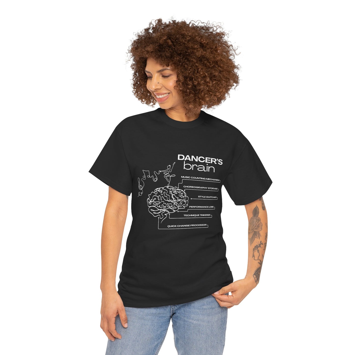 “Dancer’s Brain” Funny Dance Anatomy T-Shirt – Unisex Heavy Cotton Tee with Cute Dancer Brain Diagram and Optional Back Personalization