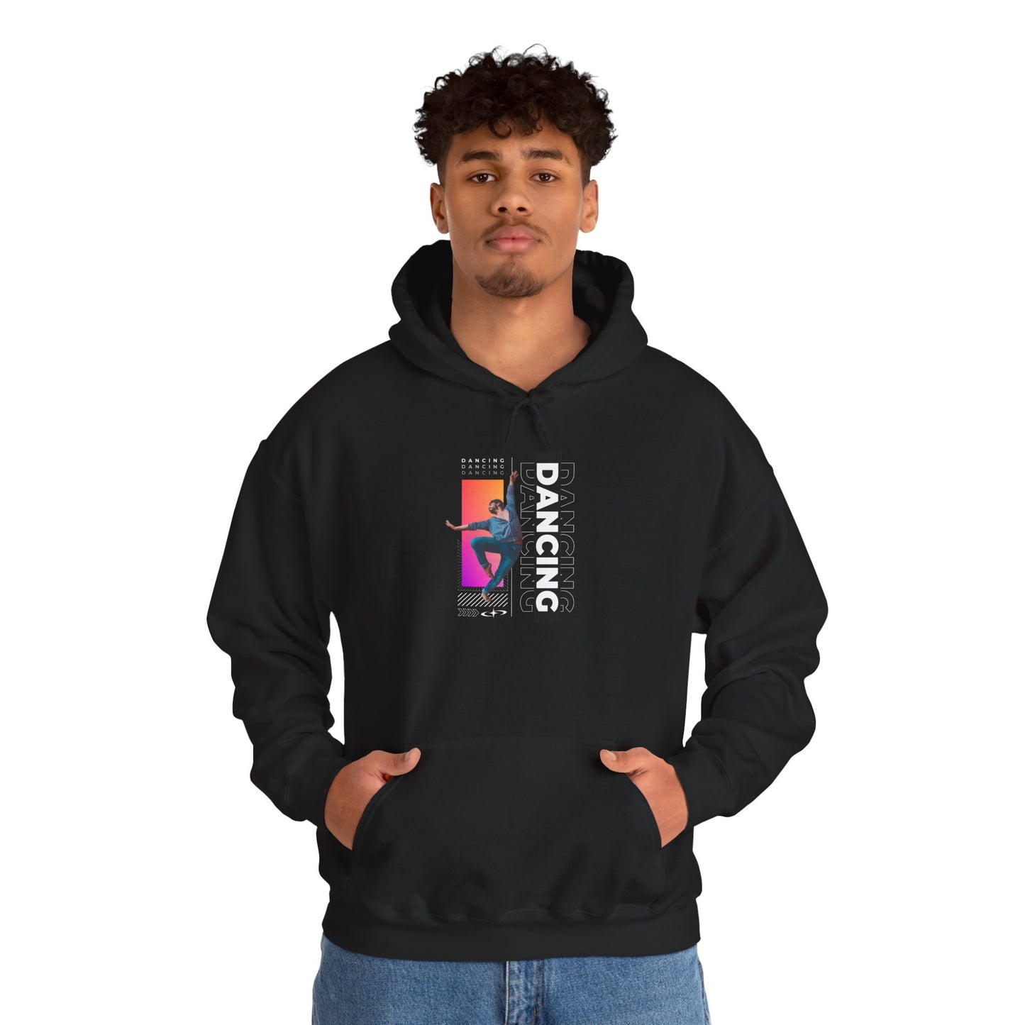 “Dancing” Text with Streetwear-Style Male Dancer Graphic – Unisex Heavy Blend™ Hooded Sweatshirt – Cozy Dance Hoodie for Performers & Dance Enthusiasts