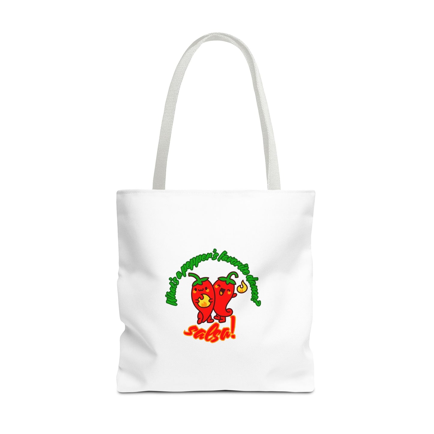 “What’s a Pepper’s Favorite Dance? Salsa!” Salsa Dance Pun Tote Bag – Funny Kawaii Pepper Graphic Canvas Bag for Dancers & Food Lovers
