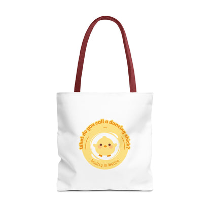 "What do you call a dancing chick? Poultry in Motion" Funny Dance Tote Bag – Kawaii Chicken Canvas Tote for Dancers & Dance Lovers