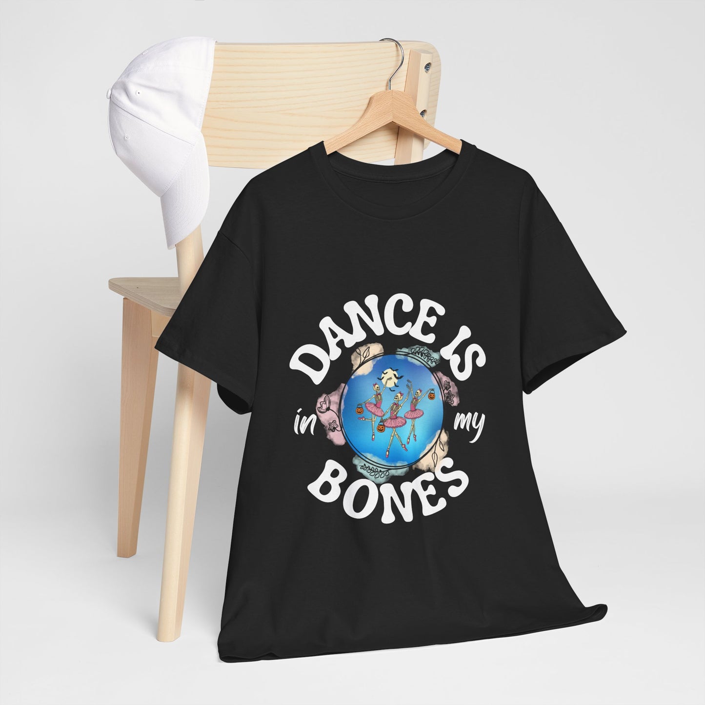 “Dance Is in My Bones” Halloween Dance T-Shirt with Dancing Skeletons Graphic - Unisex Heavy Cotton Tee