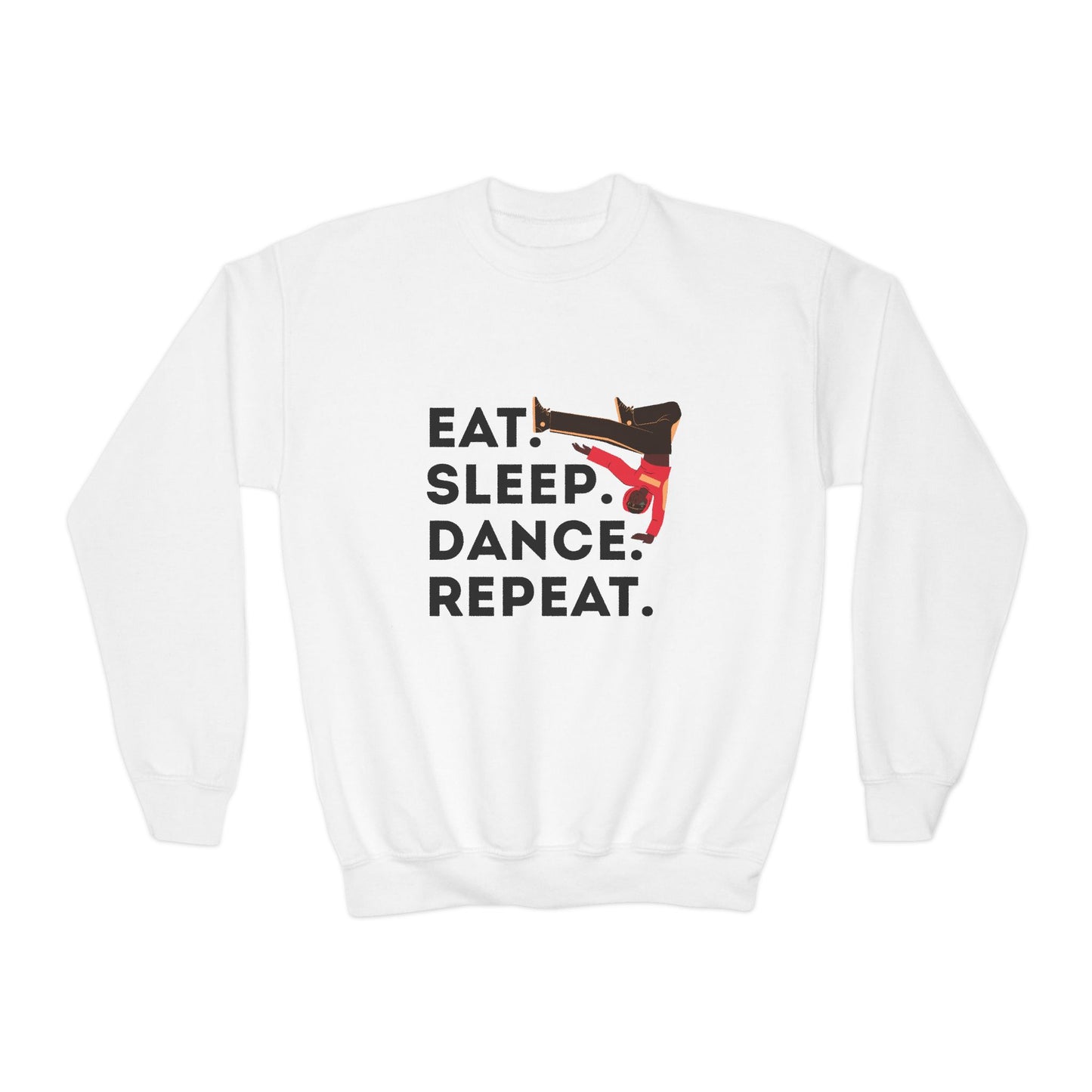 "Eat Sleep Dance Repeat" – Bold B-Boy Graphic Youth Crewneck Sweatshirt | Hip Hop Dance Kids Pullover