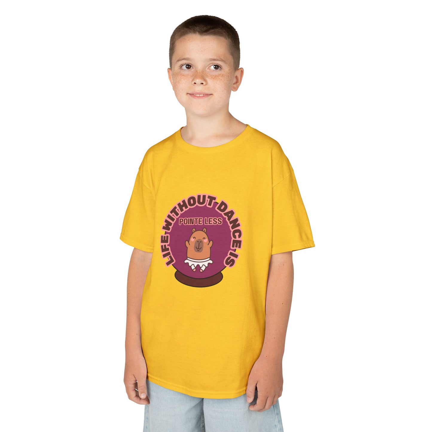 "Life Without Dance Is Pointeless" Youth Dance T-Shirt – Cute Capybara Ballerina Graphic Tee for Kids