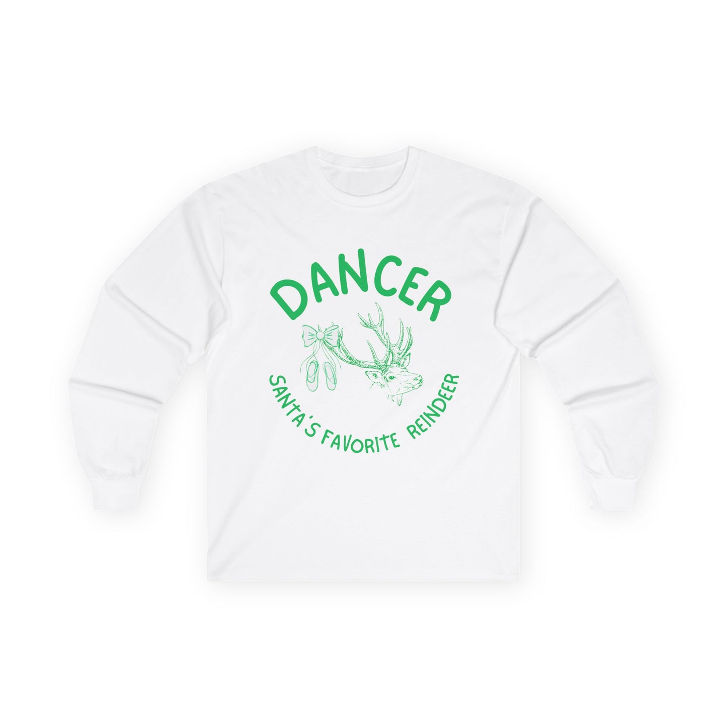 “Dancer, Santa’s Favorite Reindeer” ADULT TEE Unisex Long Sleeve with Vintage Reindeer Graphic – Festive Christmas Dance Tee for Dancers & Holiday Events