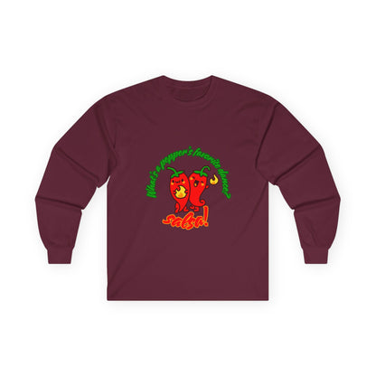 "What’s a Pepper’s Favorite Dance? Salsa!" Unisex Long Sleeve Tee – Funny Dance Pun Shirt with Cute Pepper Graphic for Dancers & Food Lovers