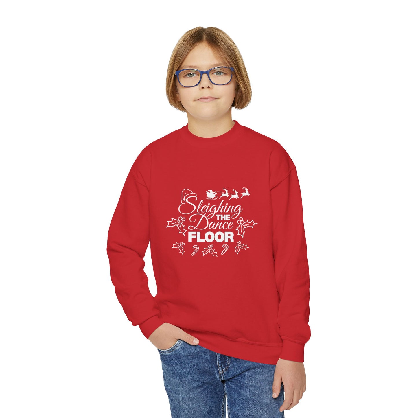 “Sleighing the Dance Floor” YOUTH SWEATSHIRT  Crewneck with Santa’s Sleigh and Reindeer – Festive Christmas Dance Sweatshirt for Kids and Young Dancers