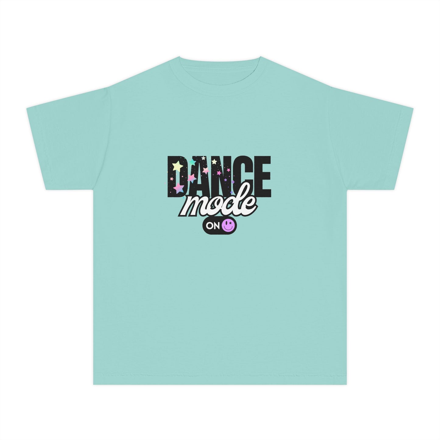 “Dance Mode On" Comfort Colors Youth Midweight  T-Shirt – Pastel Stars & Smiley Face Dance Graphic Tee for Kids
