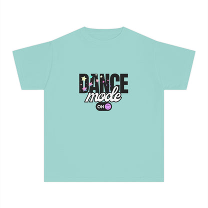 “Dance Mode On" Comfort Colors Youth Midweight  T-Shirt – Pastel Stars & Smiley Face Dance Graphic Tee for Kids