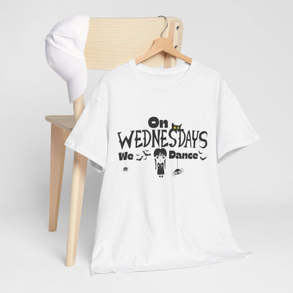 “On Wednesdays We Dance” Gothic Halloween T-Shirt with Cute Girl, Black Cat, Spiders & Bats - Unisex Heavy Cotton Tee