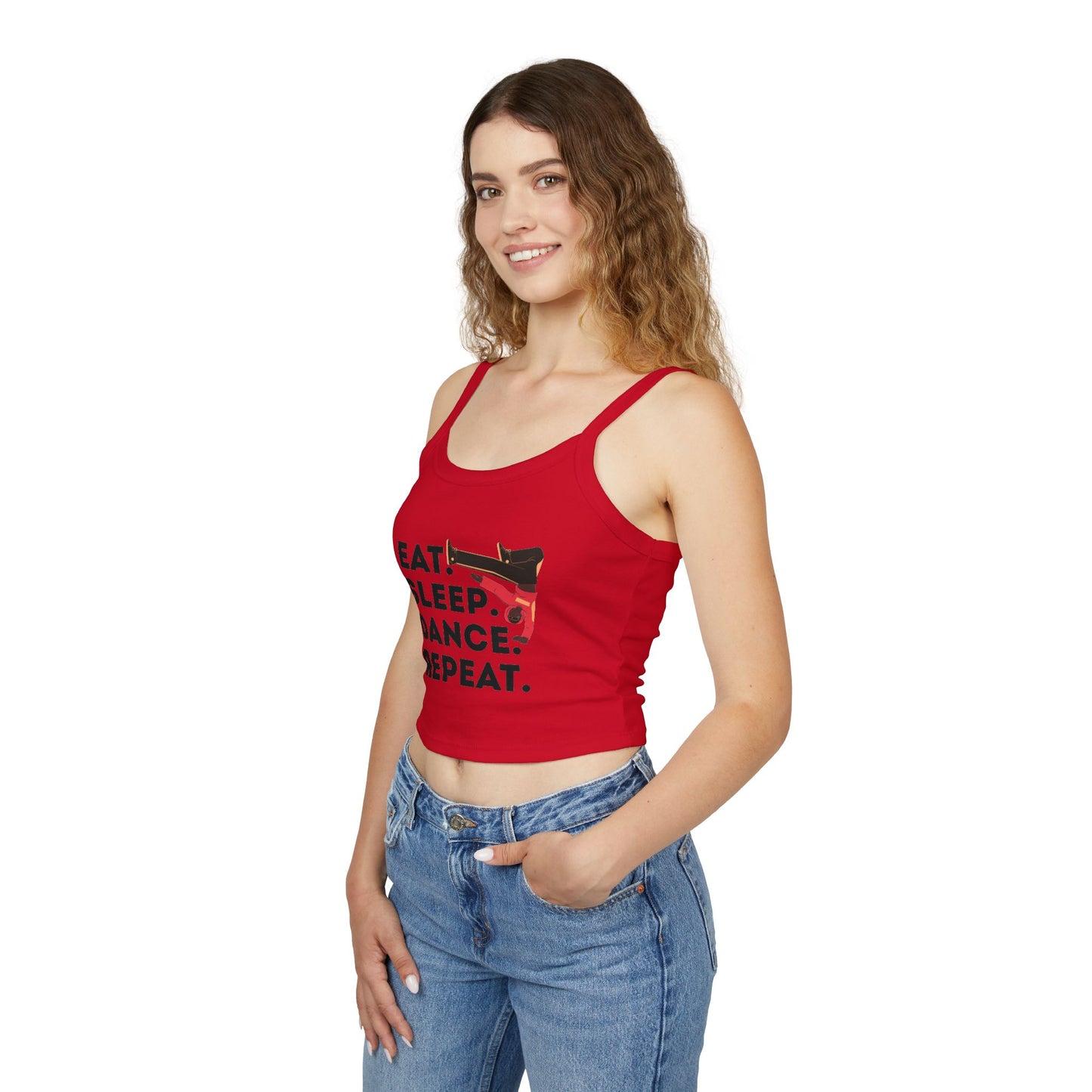 "Eat Sleep Dance Repeat" Women's Spaghetti Strap Dance Tank Top – Bold B-Boy Graphic Streetwear Style