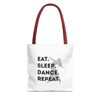 "Eat Sleep Dance Repeat" Canvas Tote Bag – Gray Dancer Silhouette Dance-Themed Reusable Shoulder Bag for Dancers, Studio, or Everyday Use