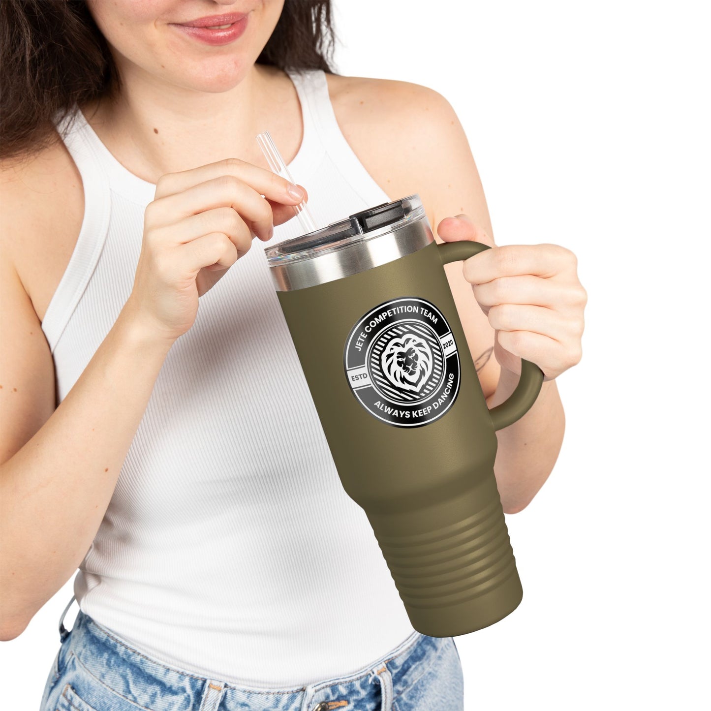 "Jeté Competition Team" 40oz Insulated Travel Mug – Collegiate Dance Emblem Tumbler with “Always Keep Dancing” Quote – Stainless Steel Travel Cup for Dancers, Coaches & Dance Moms