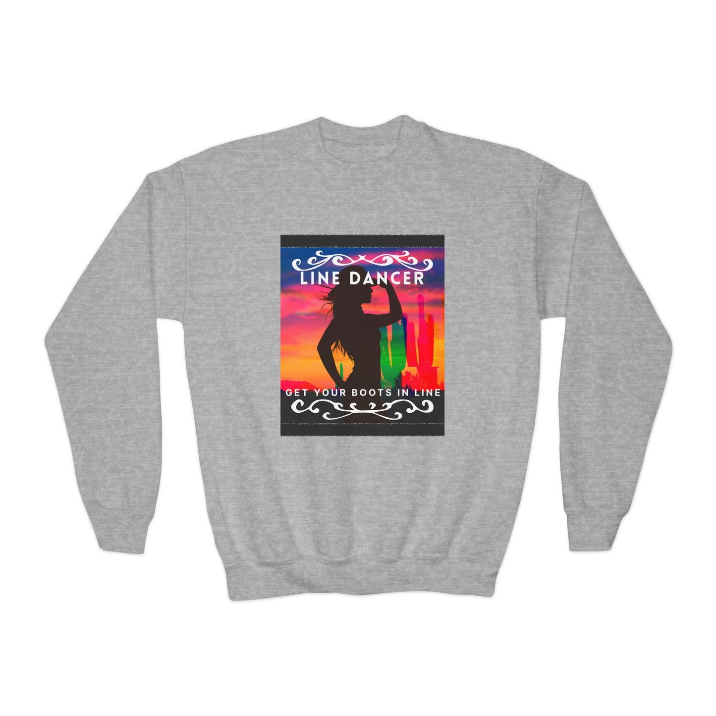 "Line Dancer, Get Your Boots in Line!" Youth Crewneck Sweatshirt – Western-Inspired Dance Graphic – Country Dance Pullover for Kids