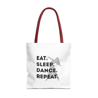 "Eat Sleep Dance Repeat" Canvas Tote Bag – Gray Dancer Silhouette Dance-Themed Reusable Shoulder Bag for Dancers, Studio, or Everyday Use