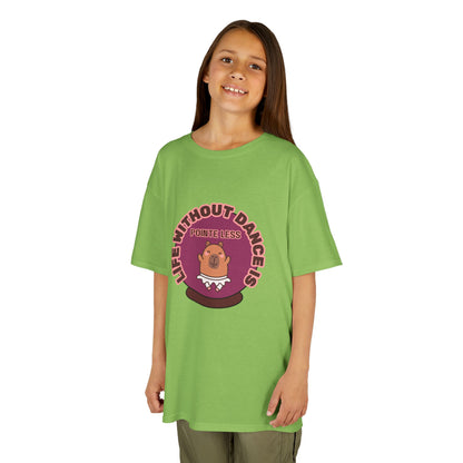 "Life Without Dance Is Pointeless" Youth Dance T-Shirt – Cute Capybara Ballerina Graphic Tee for Kids