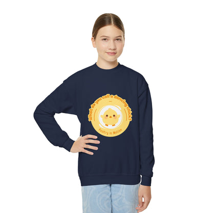 "What do you call a dancing chick? Poultry in Motion." – Funny Dance Pun Youth Crewneck Sweatshirt | Cute Dancing Chicken Kids Pullover