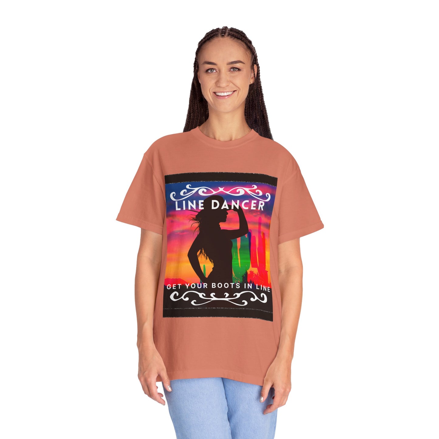"Line Dancer" Unisex Garment-Dyed T-Shirt – Western Country Dance Graphic Tee – 'Get Your Boots in Line' Cowboy-Inspired Shirt