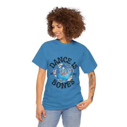 “Dance Is in My Bones” Halloween Dance T-Shirt with Dancing Skeletons Graphic - Unisex Heavy Cotton Tee