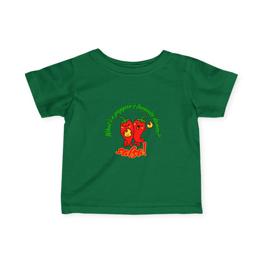 "What's a Pepper's Favorite Dance? Salsa!" Cute Dance-Themed Infant Fine Jersey Tee with Spicy Pepper Graphic – Funny Baby T-Shirt for Little Movers