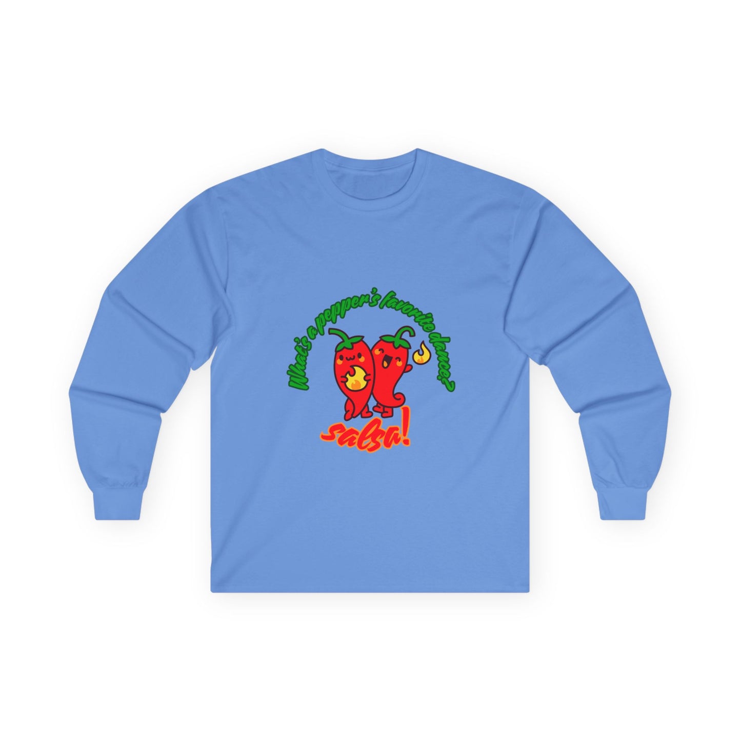 "What’s a Pepper’s Favorite Dance? Salsa!" Unisex Long Sleeve Tee – Funny Dance Pun Shirt with Cute Pepper Graphic for Dancers & Food Lovers
