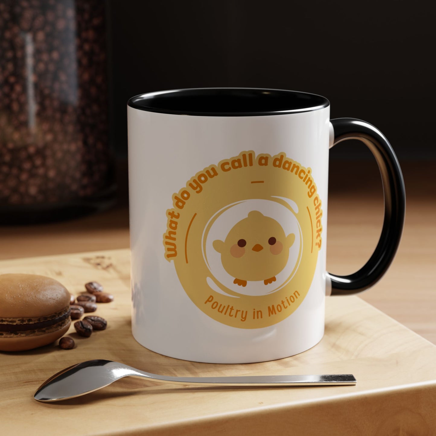 "What Do You Call a Dancing Chick? Poultry in Motion" Accent Coffee Mug – Funny Dance Pun Ceramic Mug for Dancers and Chick Enthusiasts