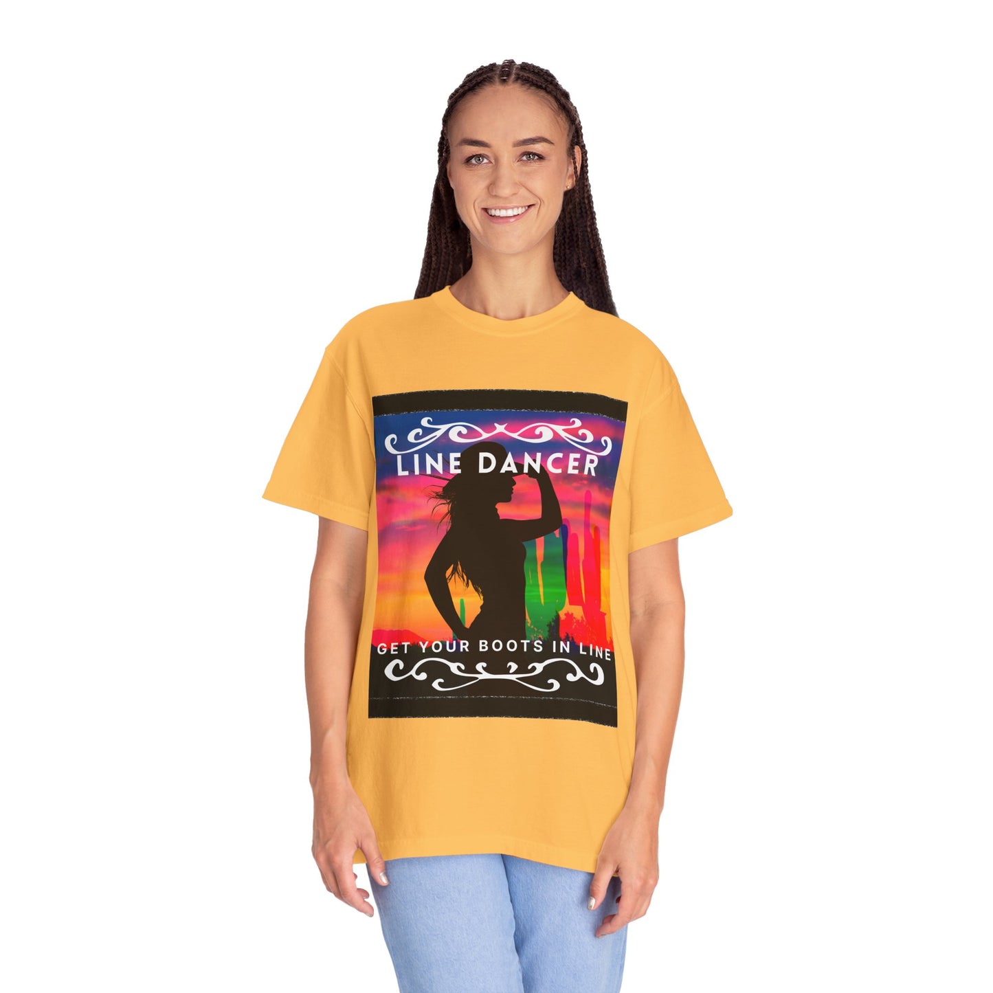 "Line Dancer" Unisex Garment-Dyed T-Shirt – Western Country Dance Graphic Tee – 'Get Your Boots in Line' Cowboy-Inspired Shirt