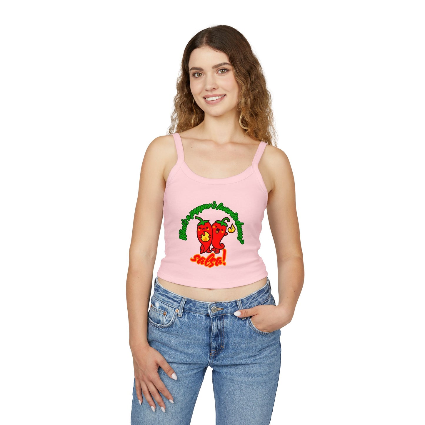 "What’s a Pepper’s Favorite Dance? Salsa!" Women’s Spaghetti Strap Tank Top – Cute Pepper Graphic | Funny Dance Pun Shirt for Dancers & Food Lovers
