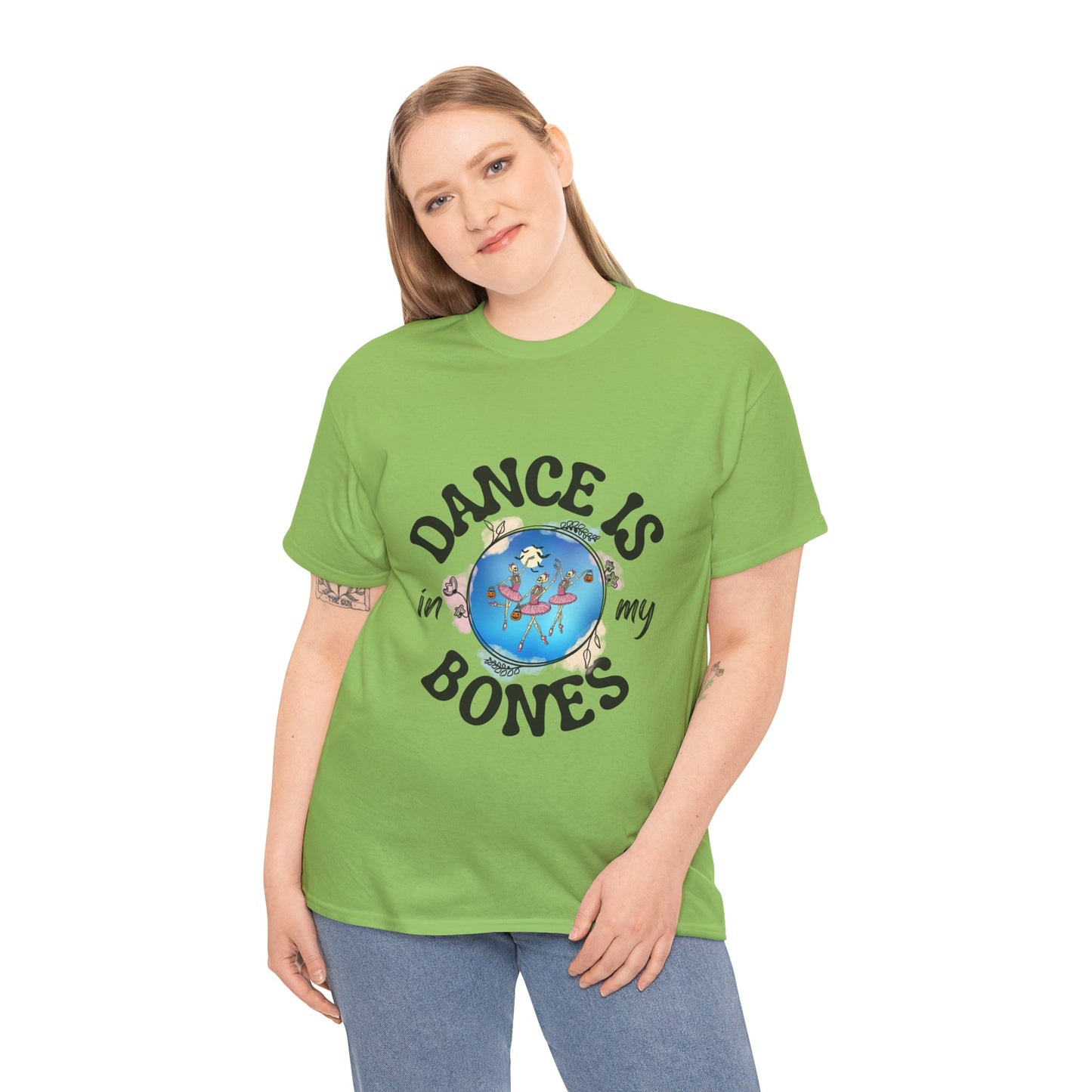 “Dance Is in My Bones” Halloween Dance T-Shirt with Dancing Skeletons Graphic - Unisex Heavy Cotton Tee