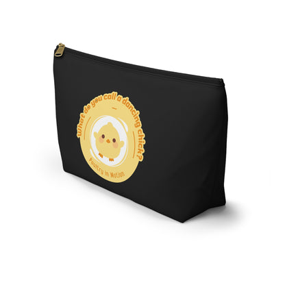 "What do you call a dancing chick? Poultry in Motion." Makeup Bag – Funny Dancing Chick Pun with Cute Chicken Graphic – Dance-Themed Zipper Pouch for Cosmetics, Accessories & Gifts
