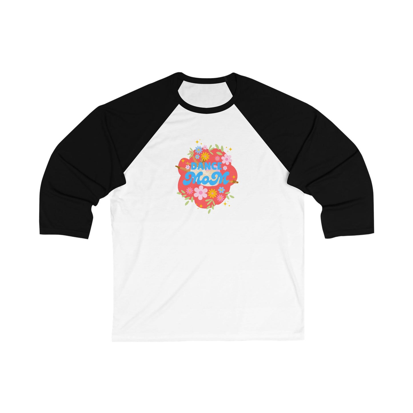 "Dance Mom" Unisex 3/4 Sleeve Baseball Tee – Bold Floral Dancer Graphic Front & Superhero Role List Back | Dance Parent Shirt for Performances and Competitions