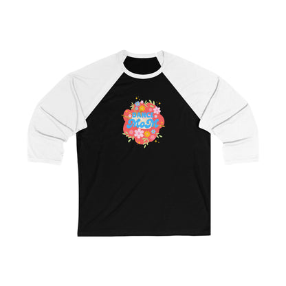 "Dance Mom" Unisex 3/4 Sleeve Baseball Tee – Bold Floral Dancer Graphic Front & Superhero Role List Back | Dance Parent Shirt for Performances and Competitions