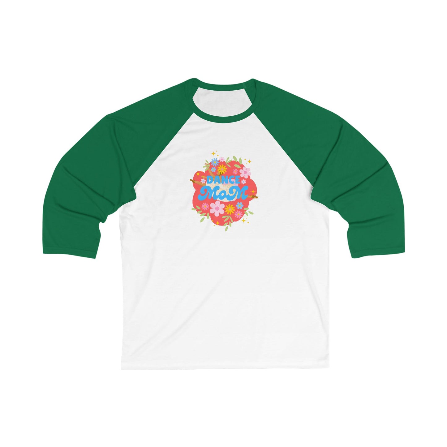 "Dance Mom" Unisex 3/4 Sleeve Baseball Tee – Bold Floral Dancer Graphic Front & Superhero Role List Back | Dance Parent Shirt for Performances and Competitions