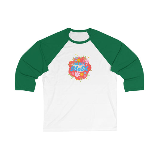 "Dance Mom" Unisex 3/4 Sleeve Baseball Tee – Bold Floral Dancer Graphic Front & Superhero Role List Back | Dance Parent Shirt for Performances and Competitions