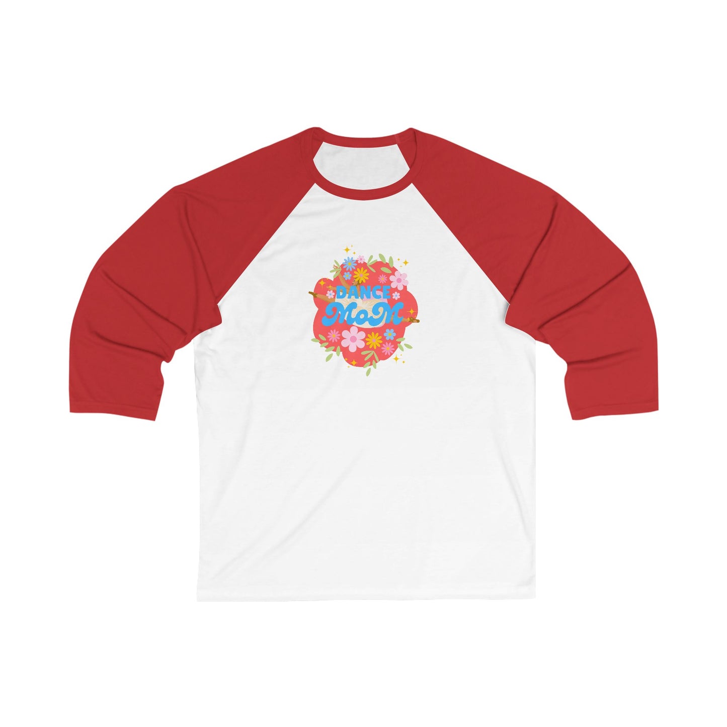 "Dance Mom" Unisex 3/4 Sleeve Baseball Tee – Bold Floral Dancer Graphic Front & Superhero Role List Back | Dance Parent Shirt for Performances and Competitions