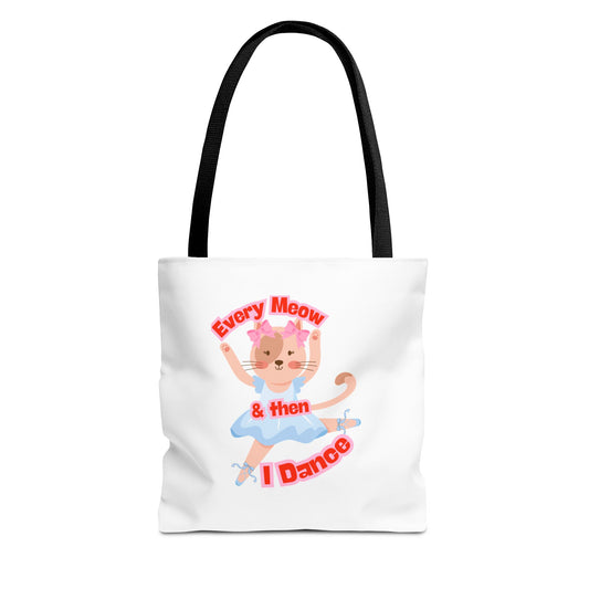 “Every Meow & Then I Dance” Adorable Dancing Cat Graphic | Cute Cat Dance Tote for Ballet Lovers, Shoppers & Everyday Use - Tote Bag with Colored Handles