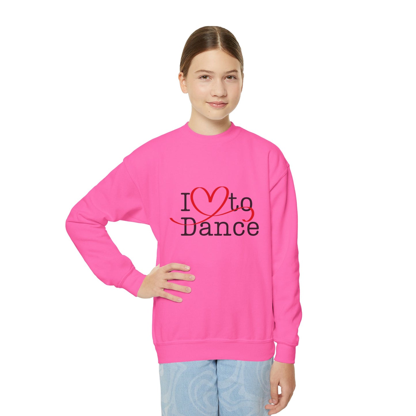 I Love to Dance Youth Crewneck Sweatshirt – Hand-Drawn Heart Graphic Dance Lover Pullover