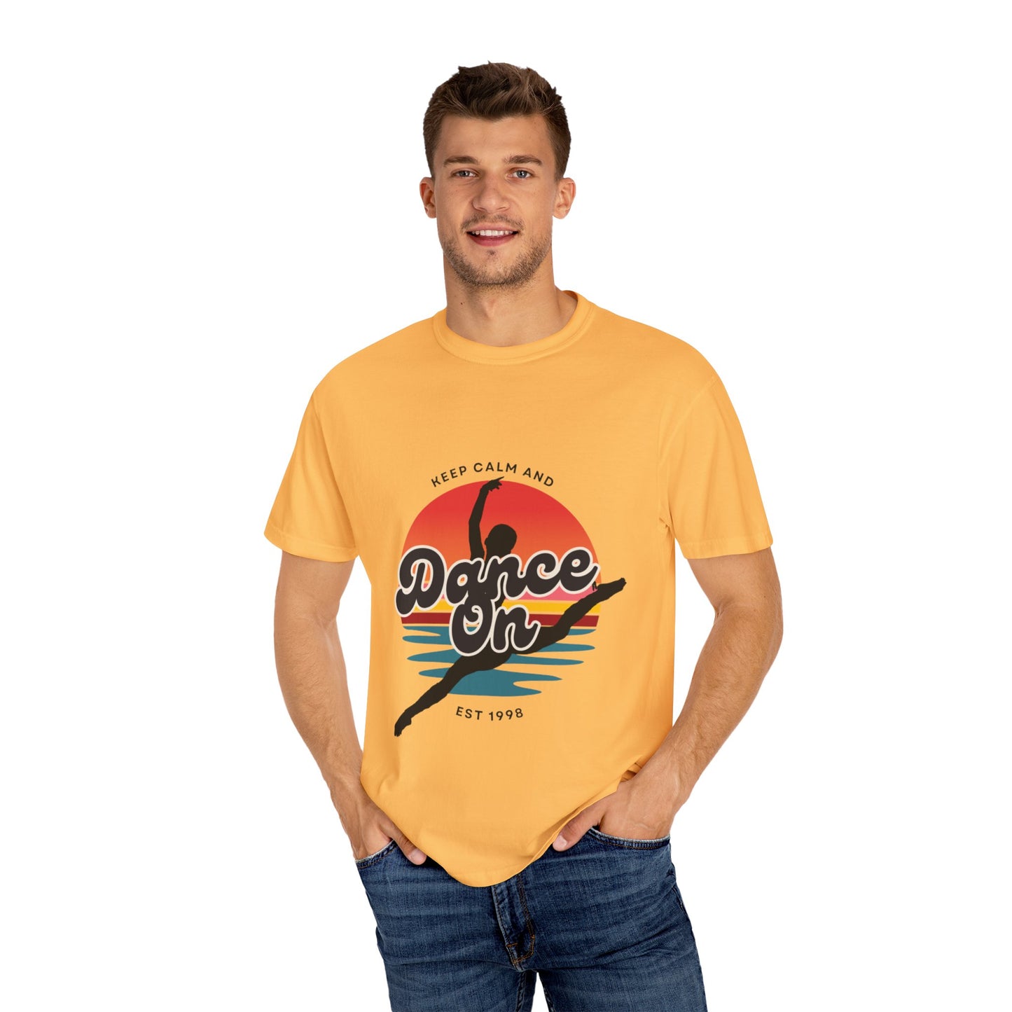 "Keep Calm and Dance On" Unisex Garment-Dyed T-Shirt – Retro Dance Graphic Tee – Vintage-Inspired Comfort Shirt for Dancers
