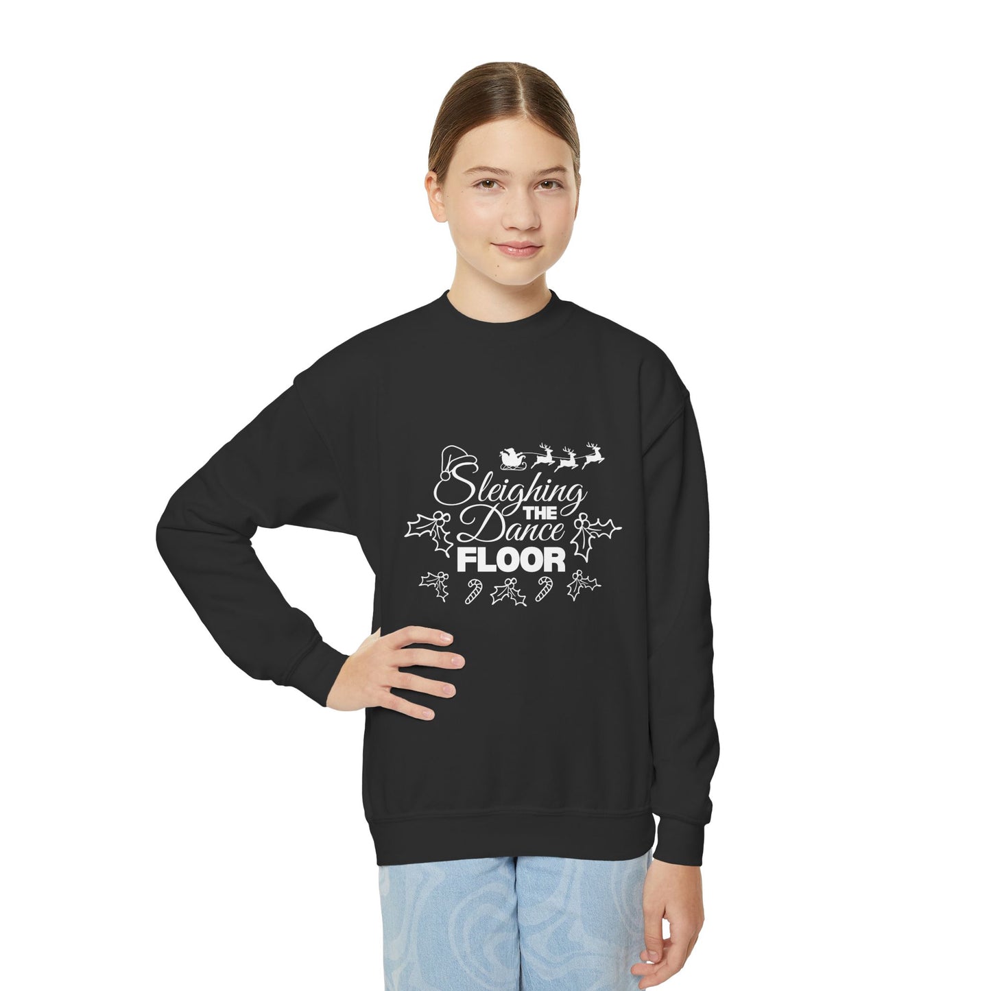 Person wearing a black sweatshirt with white text and graphics on a white background