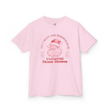 “All I Want for Christmas Is Unlimited Dance Classes” YOUTH TEE Short Sleeve with Vintage Santa – Festive Holiday Dance Tee for Dancers & Studios