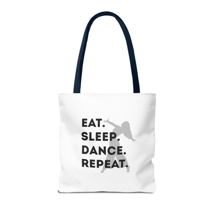 "Eat Sleep Dance Repeat" Canvas Tote Bag – Gray Dancer Silhouette Dance-Themed Reusable Shoulder Bag for Dancers, Studio, or Everyday Use