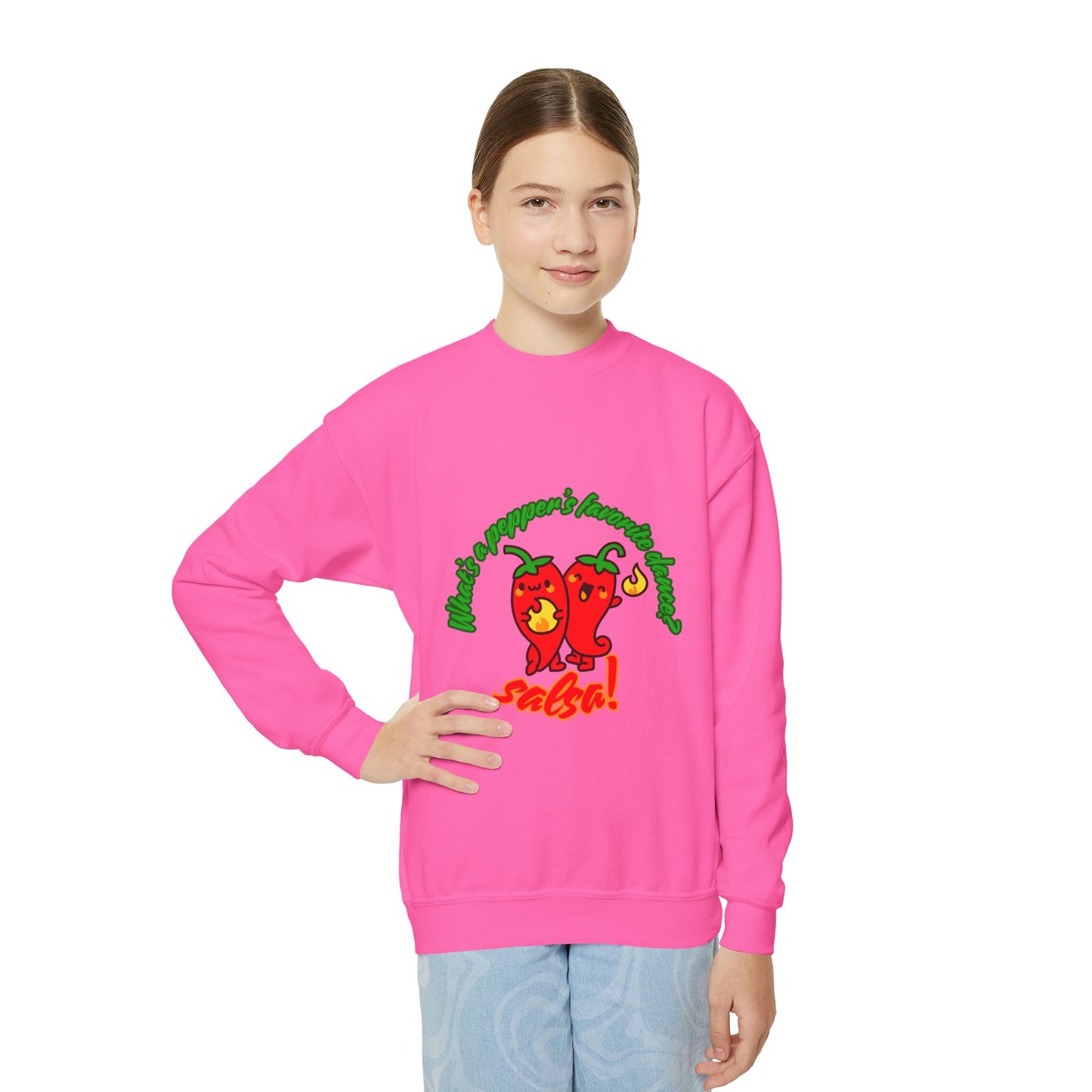 "What's a pepper's favorite dance?  Salsa!" – Funny Dance Pun Youth Crewneck Sweatshirt | Cute Pepper Graphic Kids Pullover for Dancers