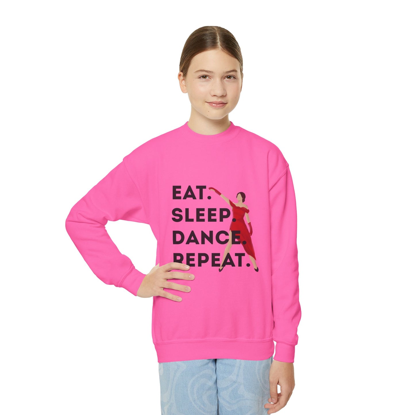 "Eat Sleep Dance Repeat" – Bold Dancer Graphic Youth Crewneck Sweatshirt | Kids Dance Life Pullover