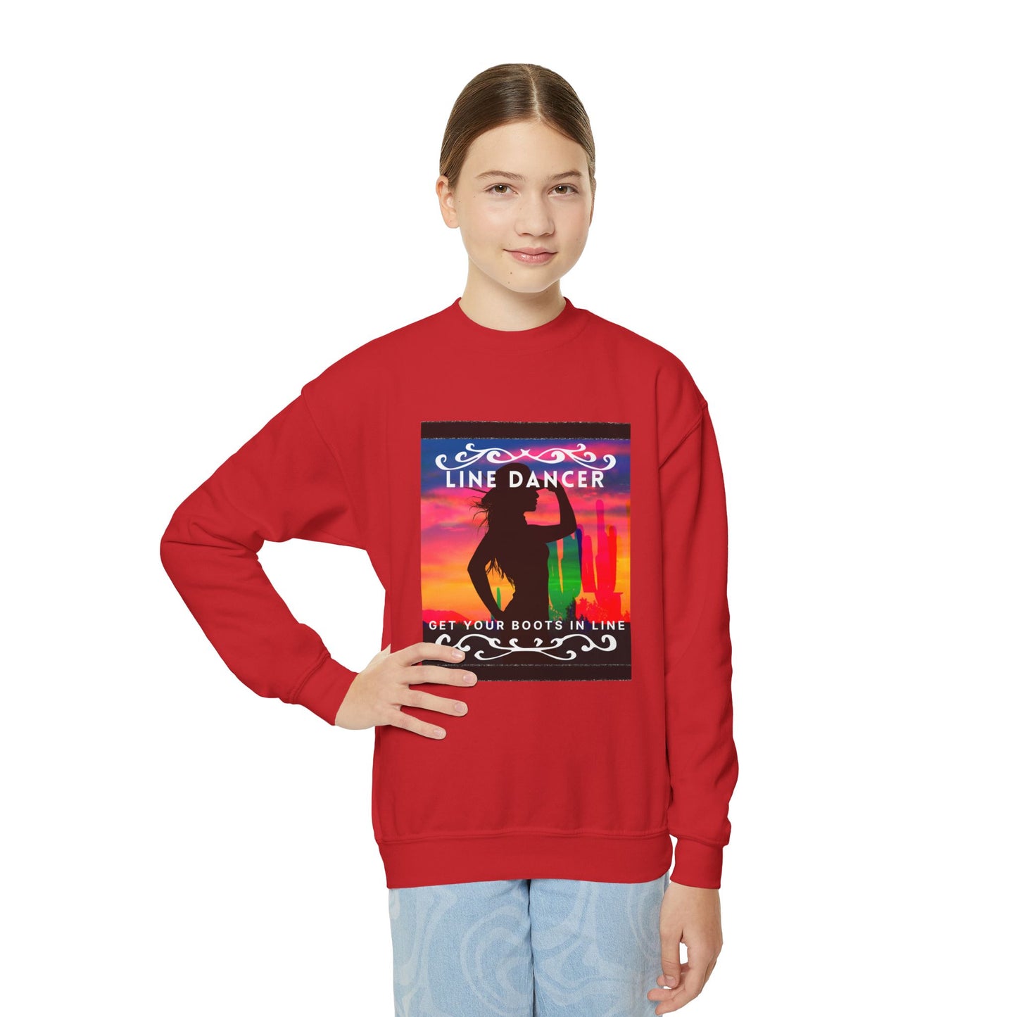 "Line Dancer, Get Your Boots in Line!" Youth Crewneck Sweatshirt – Western-Inspired Dance Graphic – Country Dance Pullover for Kids