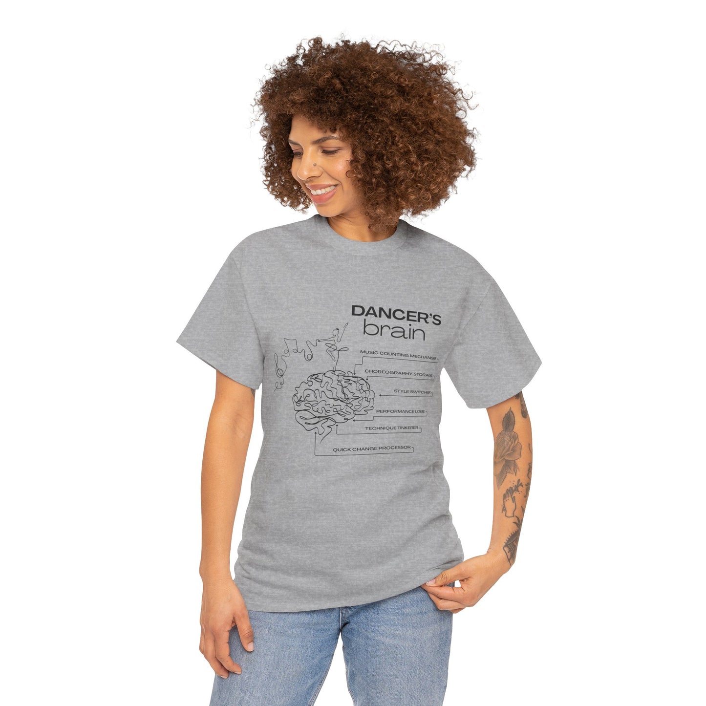 “Dancer’s Brain” Funny Dance Anatomy T-Shirt – Unisex Heavy Cotton Tee with Cute Dancer Brain Diagram and Optional Back Personalization