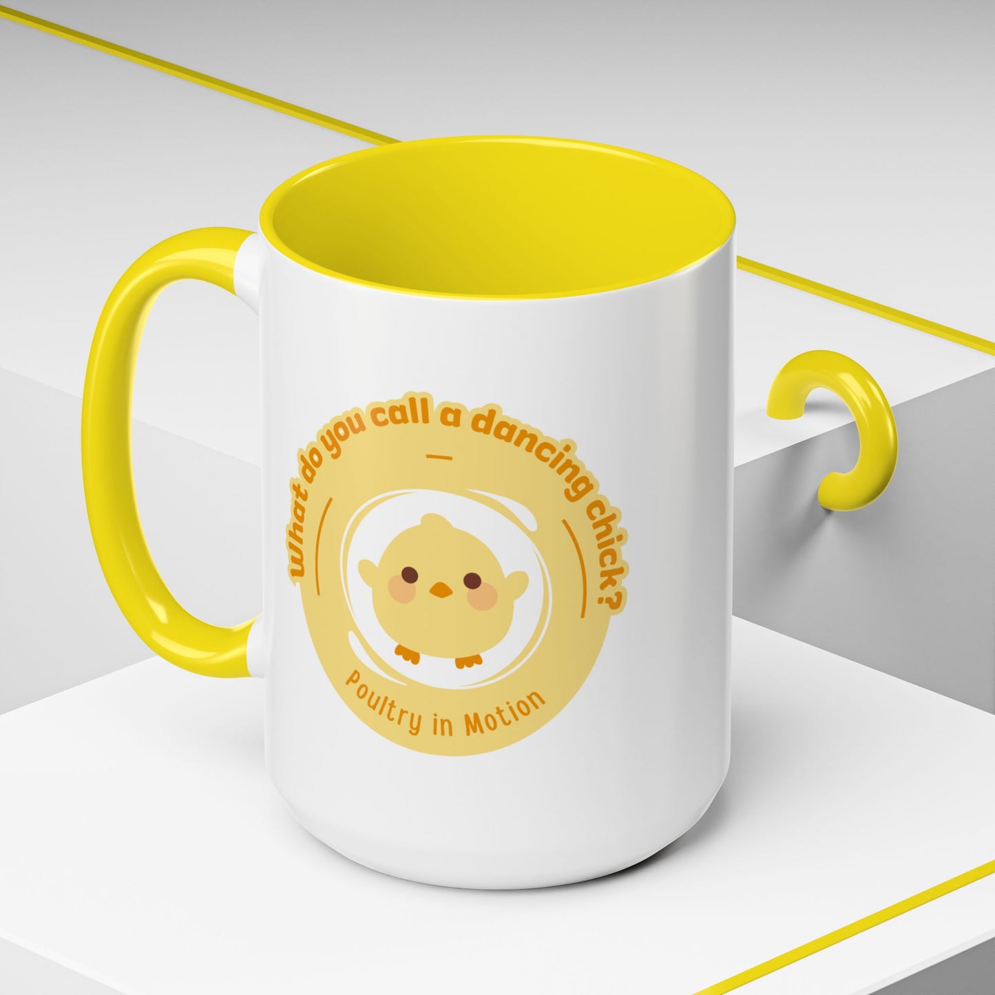 "What Do You Call a Dancing Chick? Poultry in Motion" Accent Coffee Mug – Funny Dance Pun Ceramic Mug for Dancers and Chick Enthusiasts