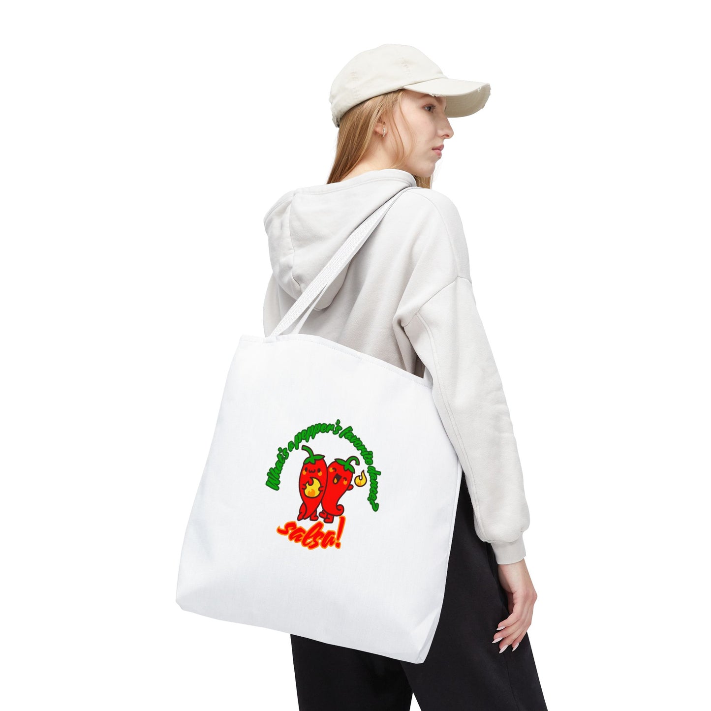 “What’s a Pepper’s Favorite Dance? Salsa!” Salsa Dance Pun Tote Bag – Funny Kawaii Pepper Graphic Canvas Bag for Dancers & Food Lovers