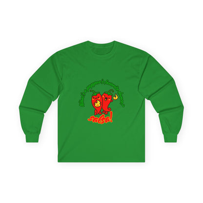 "What’s a Pepper’s Favorite Dance? Salsa!" Unisex Long Sleeve Tee – Funny Dance Pun Shirt with Cute Pepper Graphic for Dancers & Food Lovers